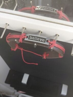 "Believe" Leather and Cord Bracelet - Red Accents